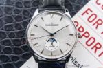 Perfect Replica Jaeger LeCoultre Moonphase Silver Face Smooth Bezel Leather Strap 41mm Watch